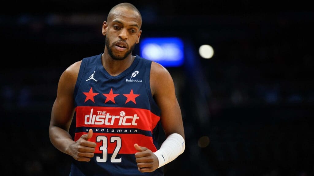Mar 24, 2025; Washington, District of Columbia, USA; Washington Wizards forward Khris Middleton (32) looks on during the first quarter against the Toronto Raptors at Capital One Arena.