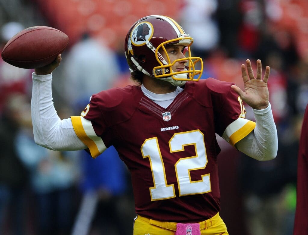Oct 7, 2012; Landover, MD, USA; Washington Redskins quarterback Kirk Cousins (12) warms up before the game against the Atlanta Falcons at FedEX Field.