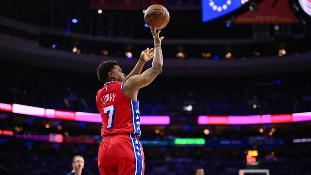 Jan 31, 2025; Philadelphia, Pennsylvania, USA; Philadelphia 76ers guard Kyle Lowry (7) shoots the ball against the Denver Nuggets in the third quarter at Wells Fargo Center.