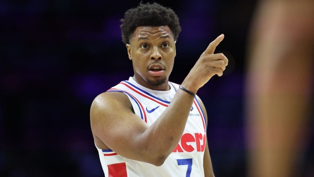 Jan 29, 2025; Philadelphia, Pennsylvania, USA; Philadelphia 76ers guard Kyle Lowry (7) reacts to a play against the Sacramento Kings during the fourth quarter at Wells Fargo Center. Mandatory Credit: Bill Streicher-Imagn Images