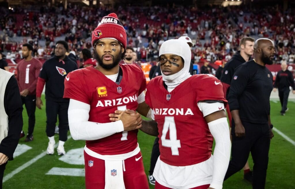Jan 5, 2025; Glendale, Arizona, USA; Arizona Cardinals quarterback Kyler Murray (1) celebrates with wide receiver Greg Dortch (4) after defeating the San Francisco 49ers at State Farm Stadium.
