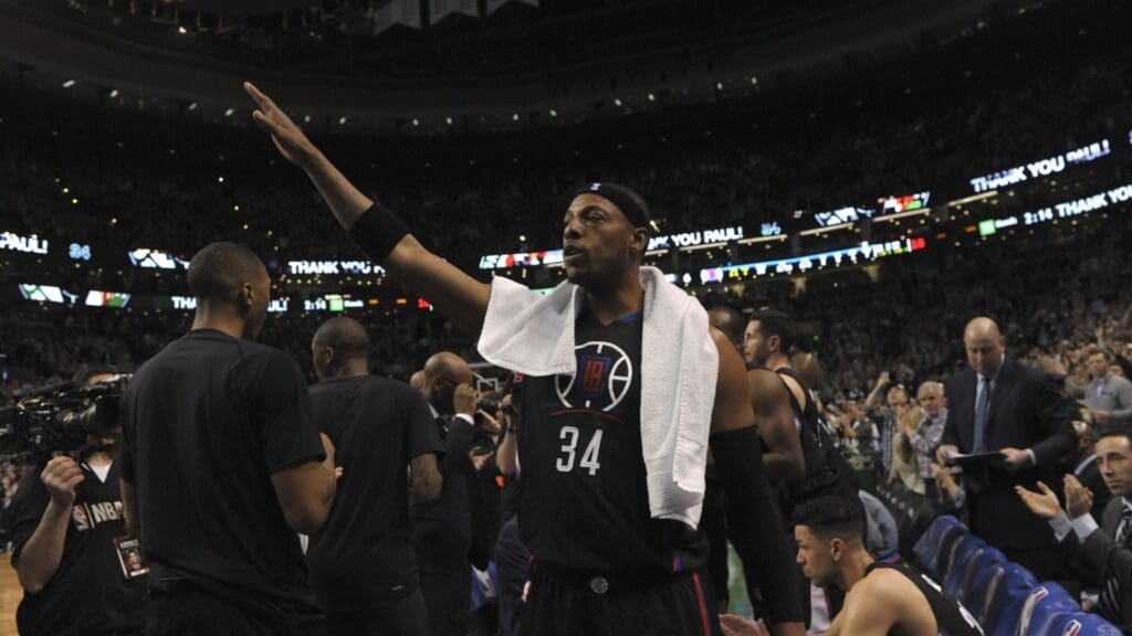 Feb 5, 2017; Boston, MA, USA; LA Clippers forward Paul Pierce (34) acknowledges the crowd during the first half against the Boston Celtics at TD Garden.