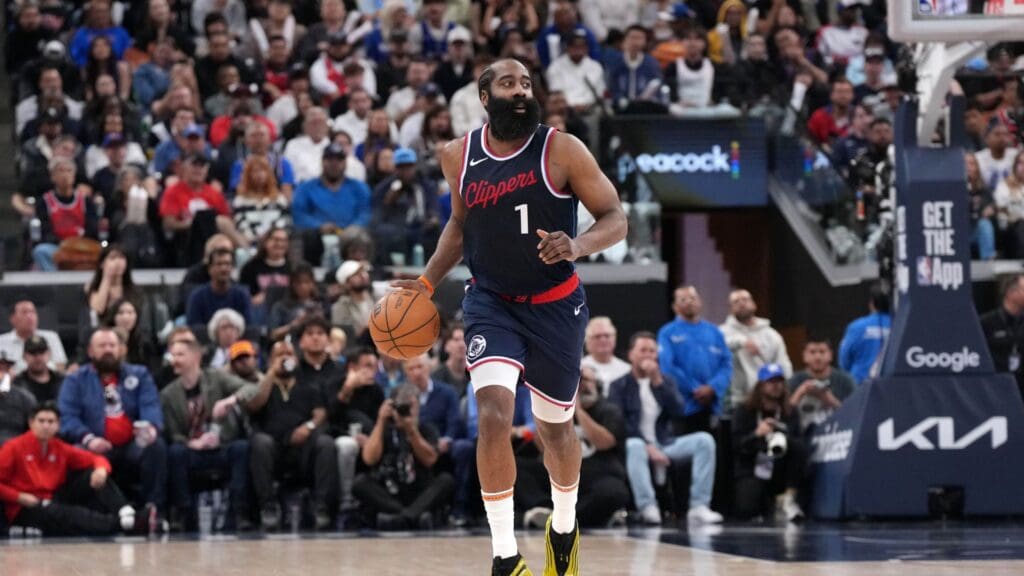 May 1, 2025; Inglewood, California, USA; LA Clippers guard James Harden (1) dribbles the ball in the second half against the Denver Nuggets during game six of first round for the 2025 NBA Playoffs at Intuit Dome.