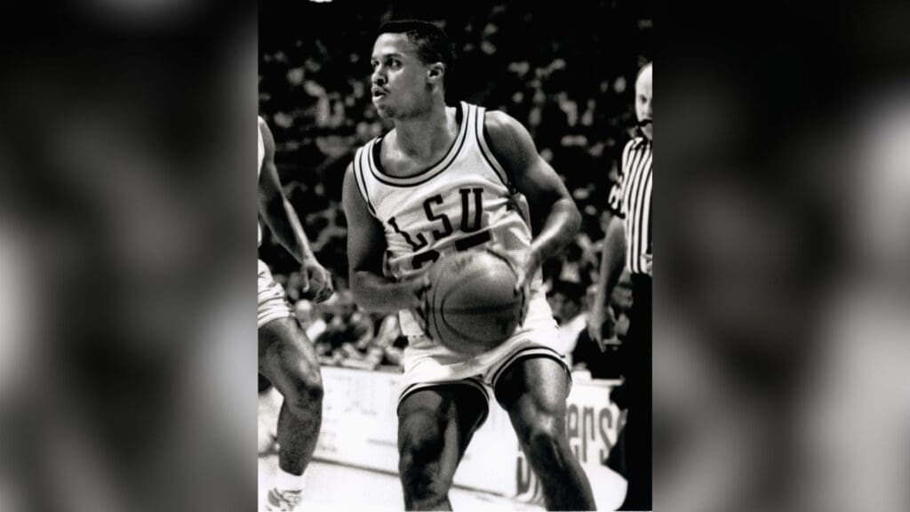 LSU Tigers guard Mahmoud Abdul-Rauf also known as Chris Jackson (35) in action agains the Tennessee Volunteers in the 1989 SEC Men's Basketball Tournament at Thompson-Boling Arena.
