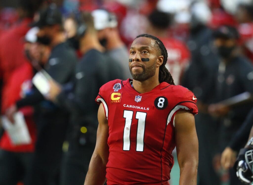 Nov 15, 2020; Glendale, Arizona, USA; Arizona Cardinals wide receiver Larry Fitzgerald (11) against the Buffalo Bills at State Farm Stadium. Mandatory Credit: Mark J. Rebilas-USA TODAY Sports