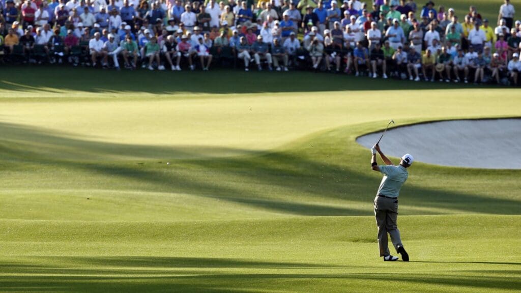 Apr 9, 2015; Augusta, GA, USA; Larry Mize hits his approach to the 2nd hole during the first round of The Masters golf tournament at Augusta National Golf Club.