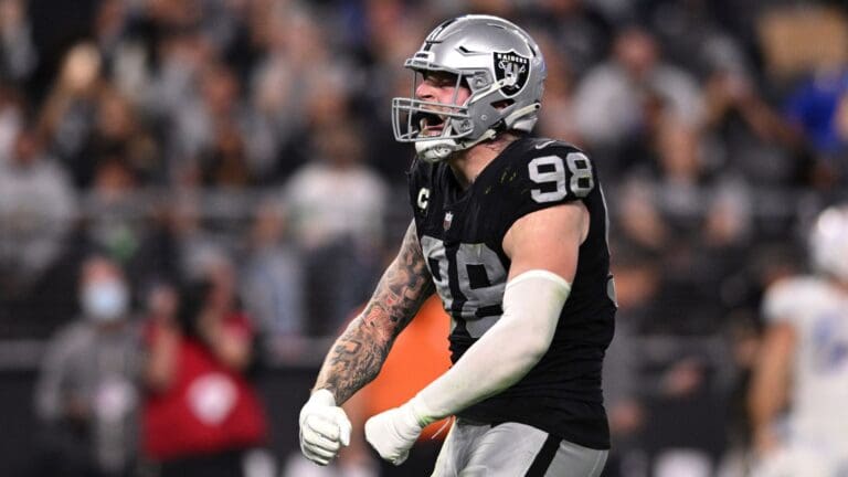 Jan 9, 2022; Paradise, Nevada, USA; Las Vegas Raiders defensive end Maxx Crosby (98) celebrates after a play against the Los Angeles Chargers during the second half at Allegiant Stadium