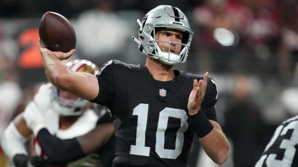Aug 23, 2024; Paradise, Nevada, USA; Las Vegas Raiders quarterback Nathan Peterman (10) throws the ball against the San Francisco 49ers in the first half at Allegiant Stadium.
