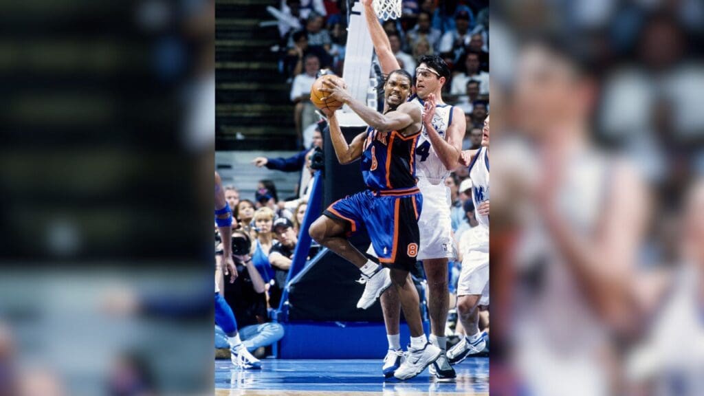Feb 5, 1999; Orlando, FL; USA; FILE PHOTO; New York Knicks forward Latrell Sprewell (8) in action against Orlando Magic center Danny Schayes (24) at the Orlando Arena.