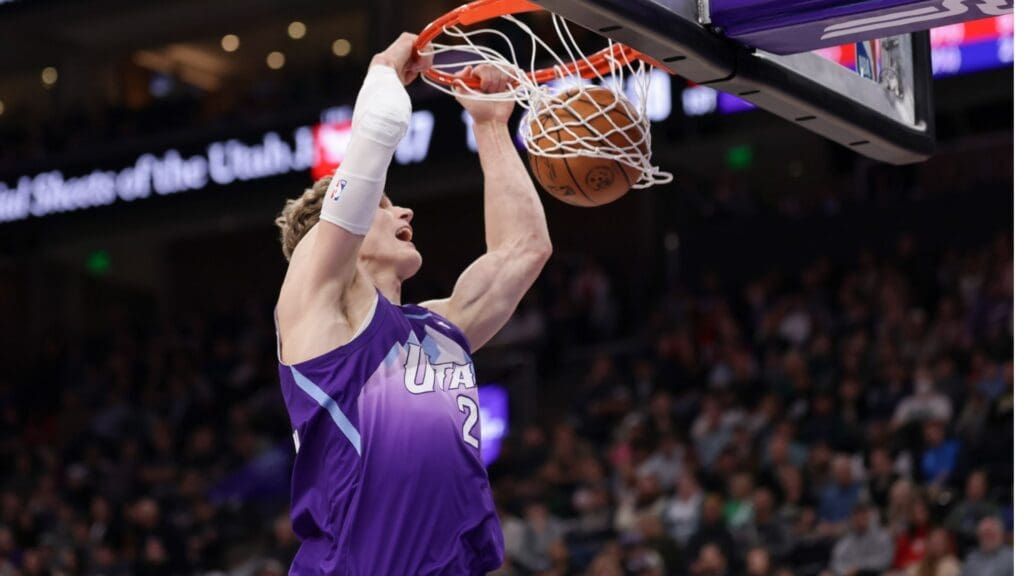 Mar 17, 2025; Salt Lake City, Utah, USA; Utah Jazz forward Lauri Markkanen (23) dunks the ball during the first quarter against the Chicago Bulls at Delta Center.