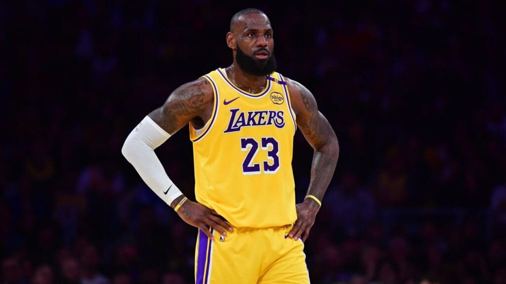 Apr 30, 2025; Los Angeles, California, USA; Los Angeles Lakers forward LeBron James (23) reacts during the first half in game five of first round for the 2025 NBA Playoffs at Crypto.com Arena.