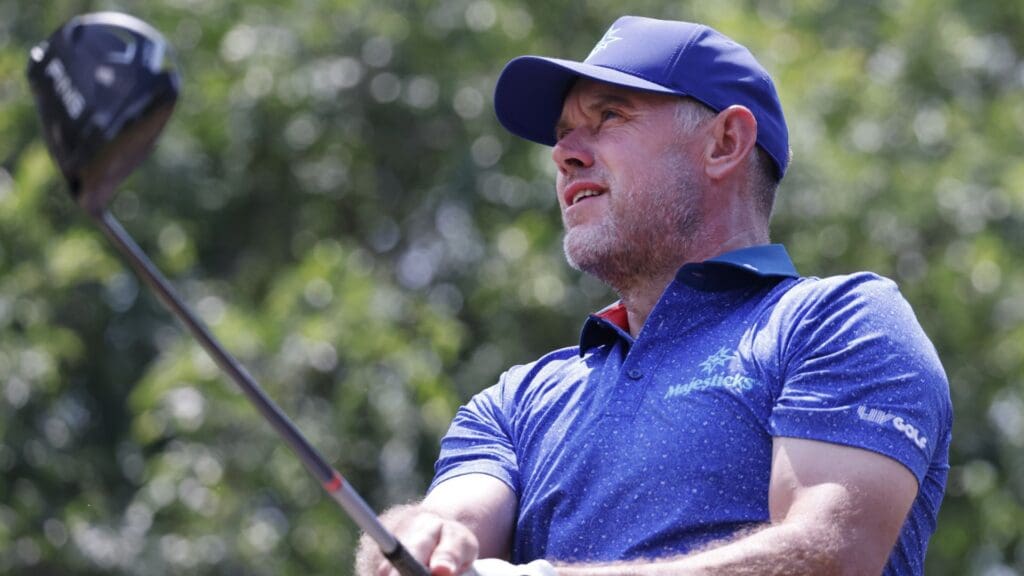 Apr 2, 2023; Orlando, Florida, USA; Lee Westwood of the Majesticks plays his shot from the sixth tee during the final round of a LIV Golf event at Orange County National.