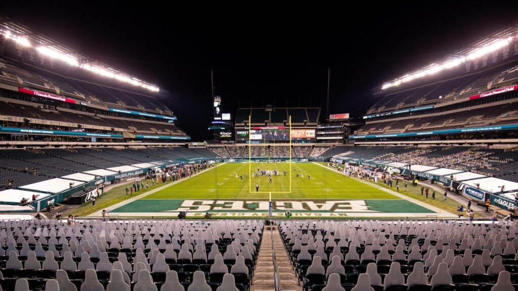 General view of game action between the Philadelphia Eagles and the New Orleans Saints during the third quarter at Lincoln Financial Field.