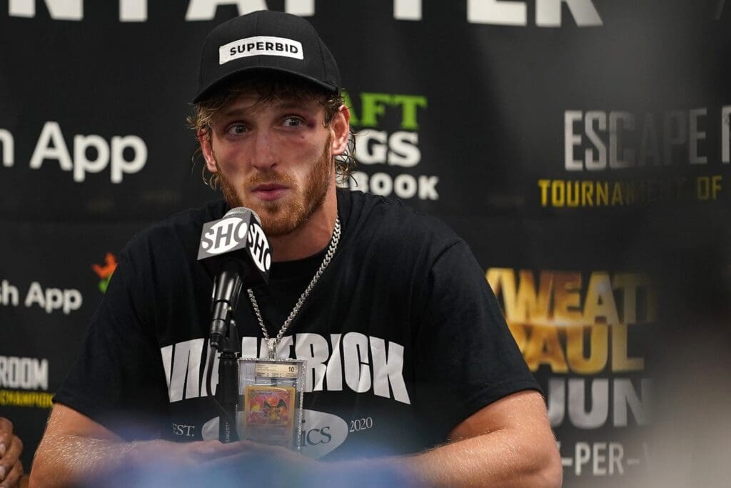 Jun 6, 2021; Miami, Florida, USA; Logan Paul speaks to the media after his fight against Floyd Mayweather Jr. (not pictured) at Hard Rock Stadium.