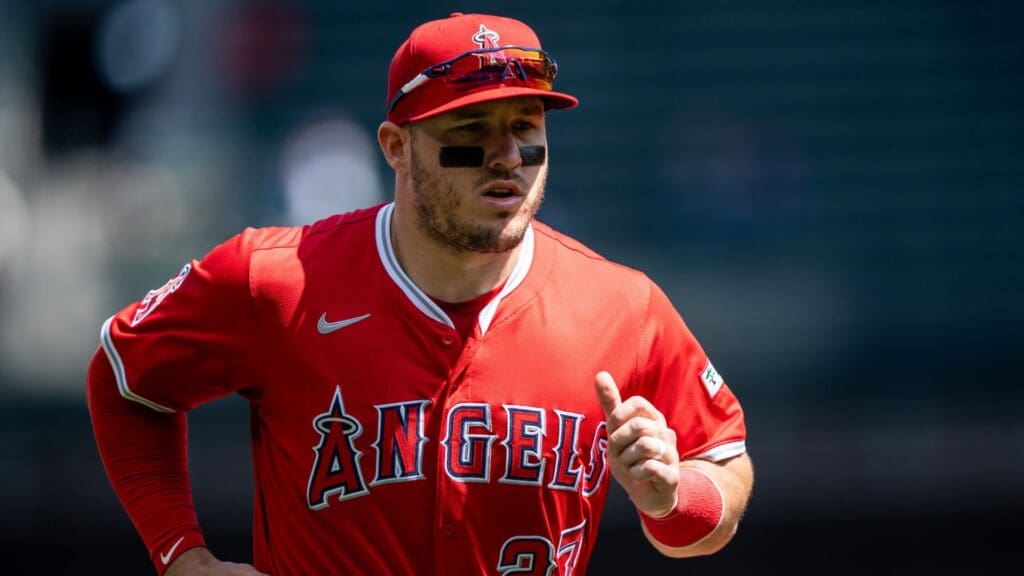 Apr 30, 2025; Seattle, Washington, USA; Los Angeles Angels right fielder Mike Trout (27) jogs off the field before a game against the Seattle Mariners at T-Mobile Park.