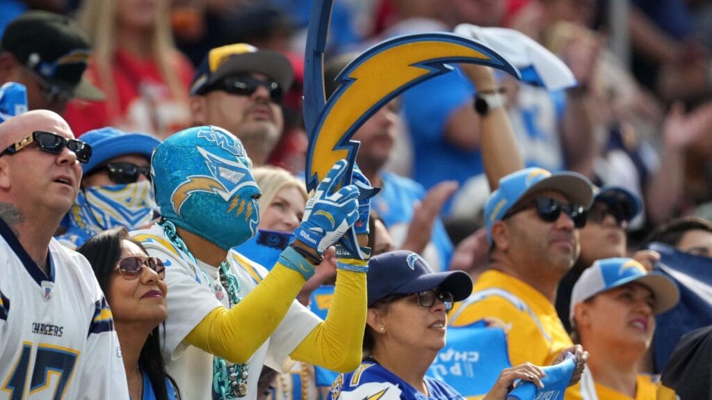 Sep 29, 2024; Inglewood, California, USA; A Los Angeles Chargers fan in costume reacts during the game against the Kansas City Chiefs at SoFi Stadium.