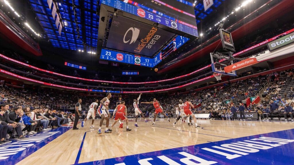 Feb 24, 2025; Detroit, Michigan, USA; A wide view of the game between the Detroit Pistons and the LA Clippers during the first half at Little Caesars Arena.