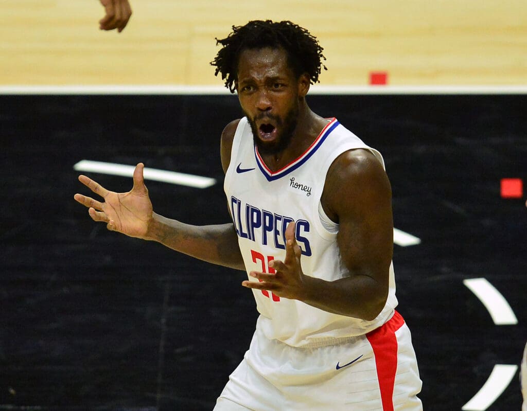 Los Angeles Clippers guard Patrick Beverley (21) reacts to a foul called against him during the second half at Staples Center.