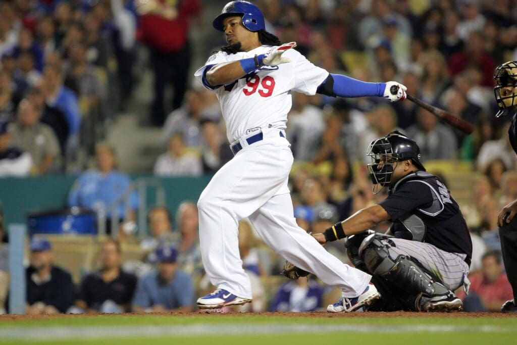 August 19, 2008: Los Angeles, CA, USA: Los Angeles Dodgers left fielder Manny Ramirez (99) hits in the fifth inning against the Colorado Rockies at Dodger Stadium.