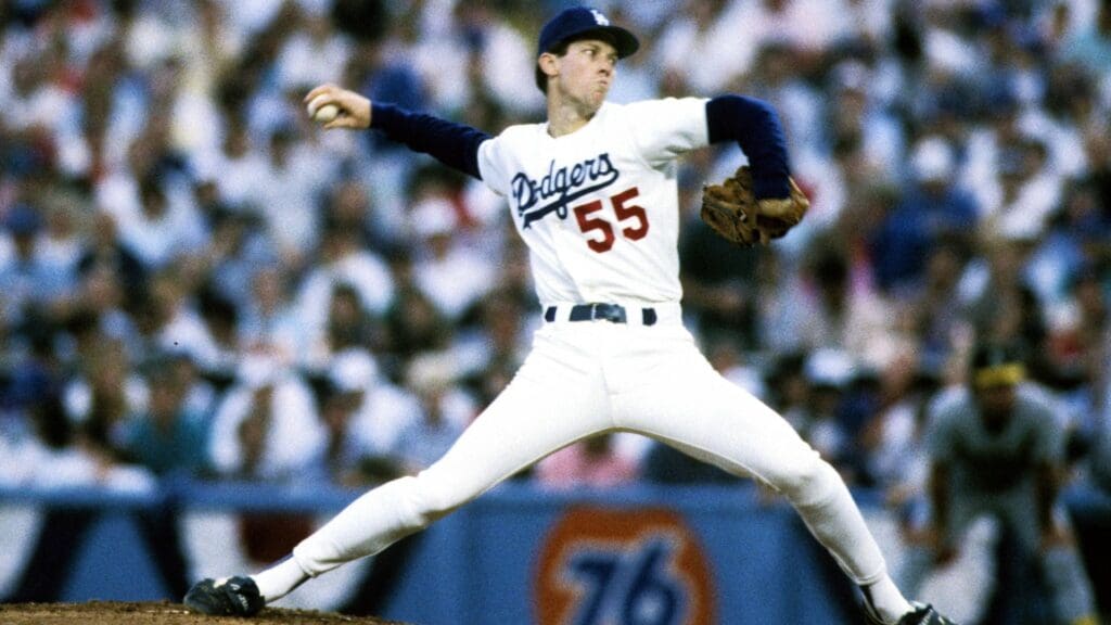 Oct 16, 1986; Los Angeles, CA, USA: FILE PHOTO; Los Angeles Dodgers pitcher Orel Hershiser in action against the Oakland Athletics during the 1988 World Series at Dodger Stadium.