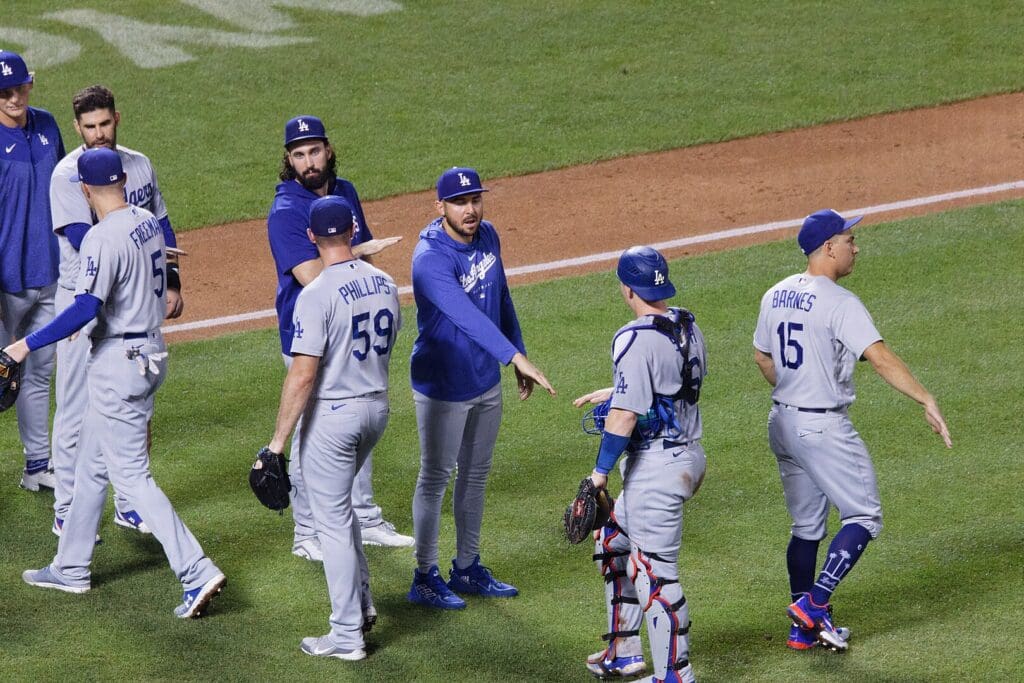 Los Angeles Dodgers players celebrate after a win