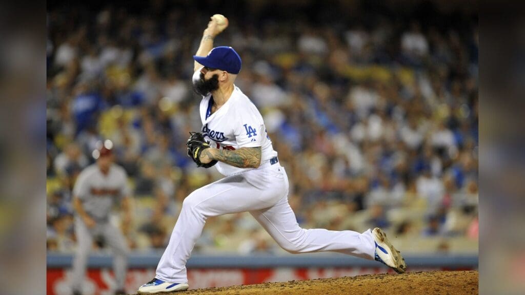 Los Angeles Dodgers relief pitcher Brian Wilson (00) pitches the eighth inning against the Arizona Diamondbacks at Dodger Stadium.