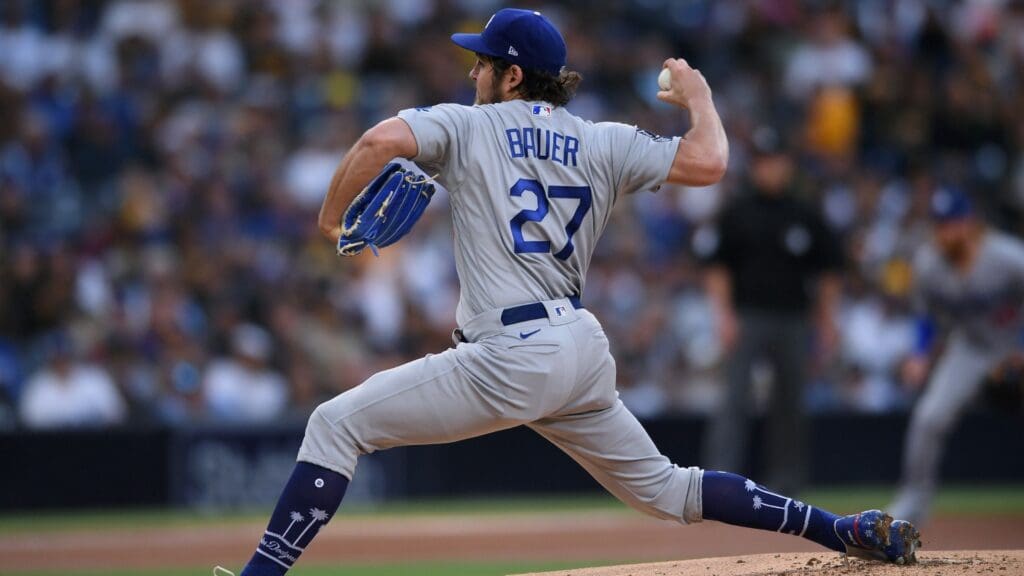 Jun 23, 2021; San Diego, California, USA; Los Angeles Dodgers starting pitcher Trevor Bauer (27) throws a pitch against the San Diego Padres during the first inning at Petco Park.
