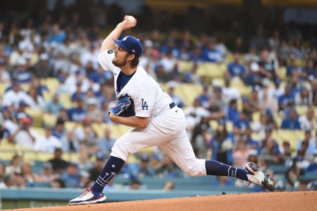 Los Angeles Dodgers starting pitcher Trevor Bauer (27) pitches against the San Francisco Giants in the first inning at Dodger Stadium.