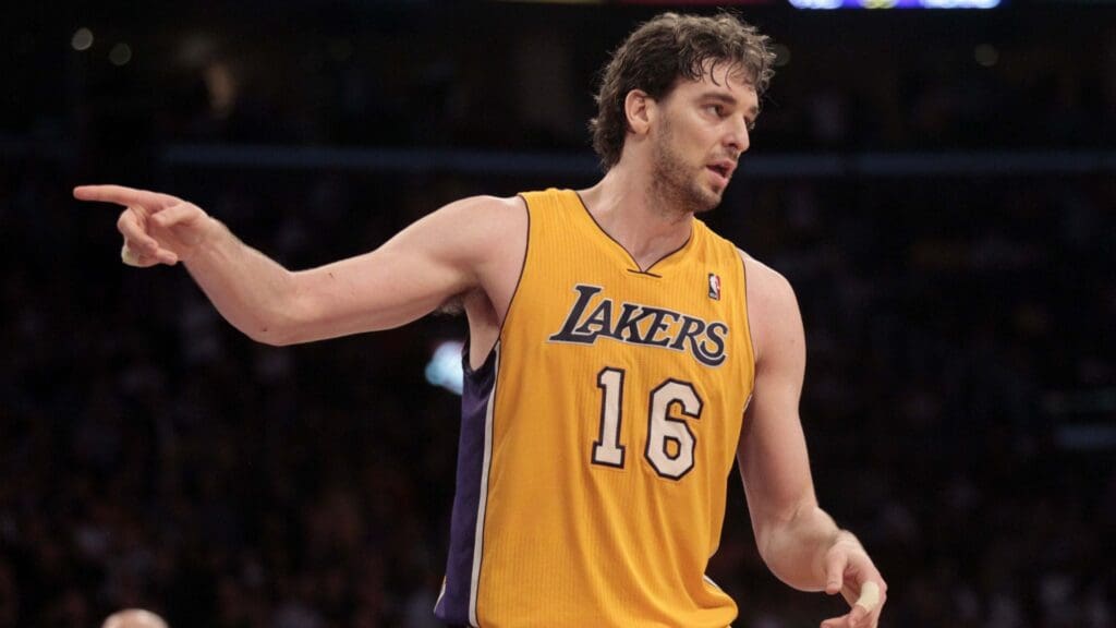 January 17, 2011; Los Angeles, CA, USA; Los Angeles Lakers center Pau Gasol (16) argues a call with a referee against the Oklahoma City Thunder in the fourth quarter at the Staples Center. The Lakers won 101-94.