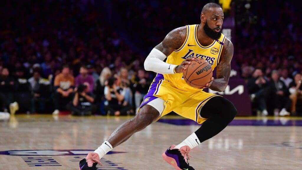 Apr 30, 2025; Los Angeles, California, USA; Los Angeles Lakers forward LeBron James (23) controls the ball against the Minnesota Timberwolves during the first half in game five of first round for the 2025 NBA Playoffs at Crypto.com Arena
