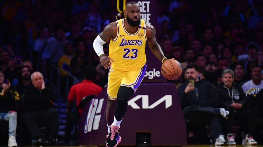 Apr 30, 2025; Los Angeles, California, USA; Los Angeles Lakers forward LeBron James (23) brings the ball up court against the Minnesota Timberwolves during the first half in game five of first round for the 2025 NBA Playoffs at Crypto.com Arena.