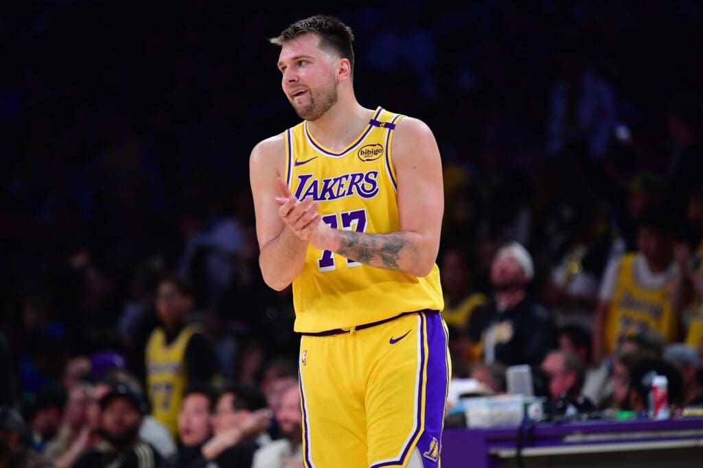Los Angeles Lakers guard Luka Doncic (77) reacts during the second half in game five of first round for the 2025 NBA Playoffs at Crypto.com Arena.