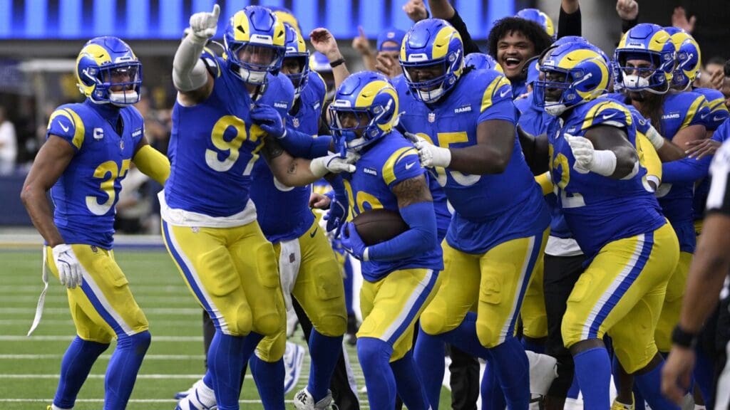 Oct 20, 2024; Inglewood, California, USA; Los Angeles Rams safety Jaylen McCollough (39) celebrates an interception with the rest of the bench against the Las Vegas Raiders during the second half at SoFi Stadium.