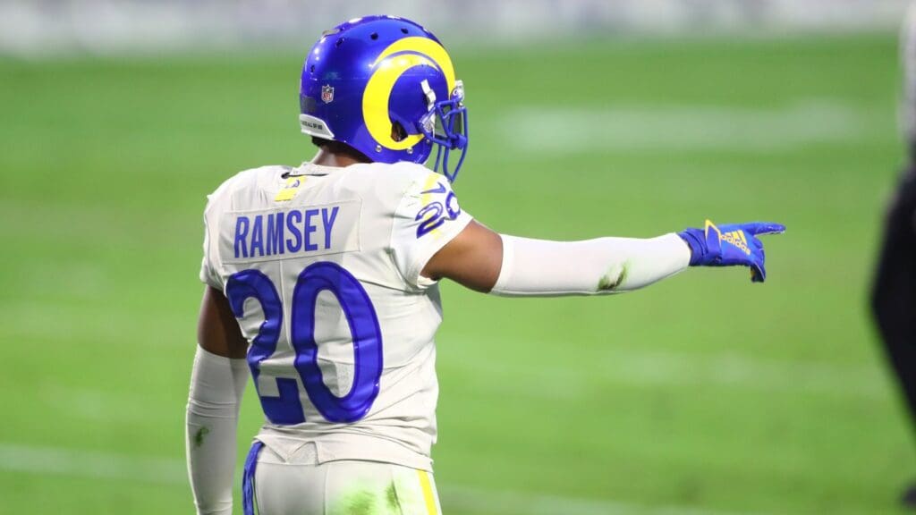Dec 6, 2020; Glendale, Arizona, USA; Los Angeles Rams cornerback Jalen Ramsey (20) reacts against the Arizona Cardinals at State Farm Stadium.