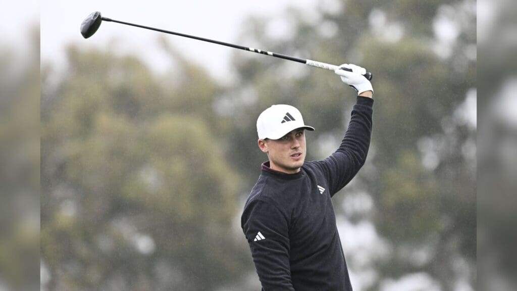 Feb 13, 2025; San Diego, California, USA; Ludvig Åberg hits his tee shot on the second hole during the first round of The Genesis Invitational golf tournament at Torrey Pines.