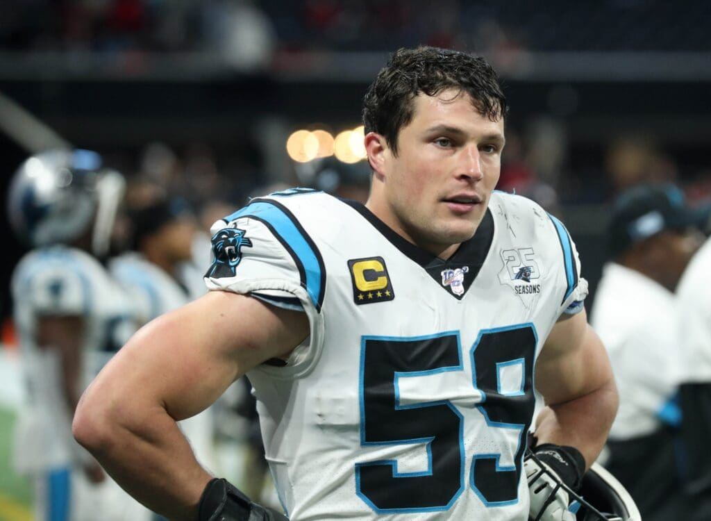 Dec 8, 2019; Atlanta, GA, USA; Carolina Panthers middle linebacker Luke Kuechly (59) reacts after a play in the fourth quarter against the Atlanta Falcons at Mercedes-Benz Stadium. Mandatory Credit: Jason Getz-USA TODAY Sports