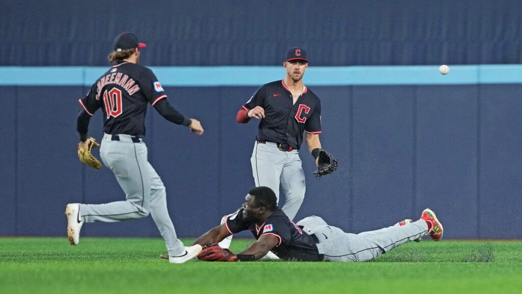 May 3, 2025; Toronto, Ontario, CAN; Cleveland Guardians right fielder Jhonkensy Noel (43) tries to catch a fly ball against the Toronto Blue Jays during the fourth inning at Rogers Centre.