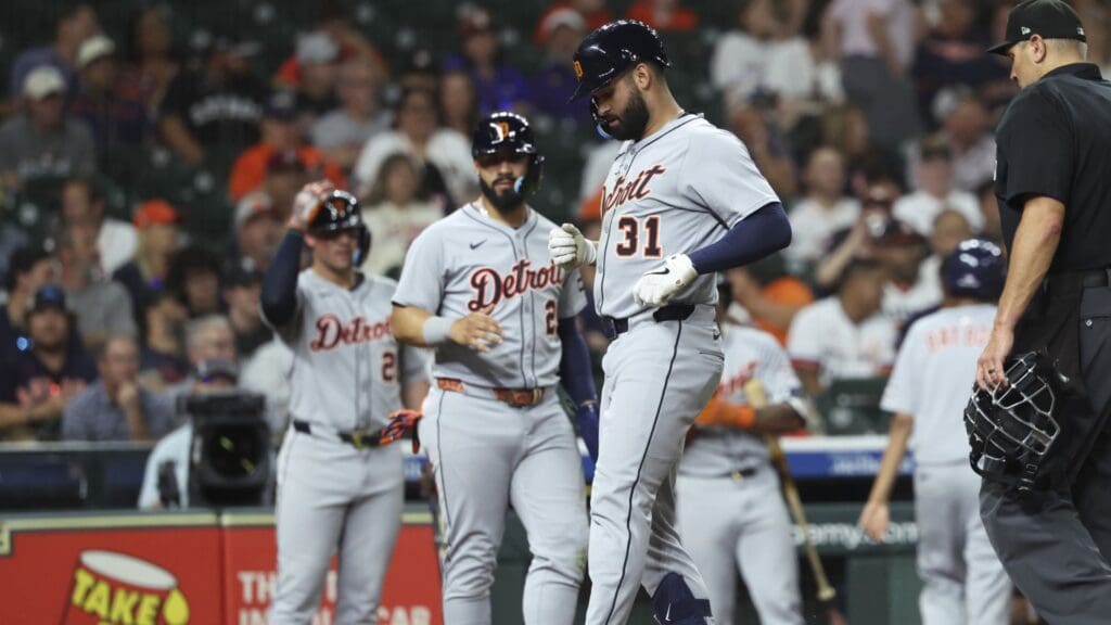 Apr 28, 2025; Houston, Texas, USA; Detroit Tigers right fielder Riley Greene (31) scores a run after hitting a home run during the eighth inning against the Houston Astros at Daikin Park.