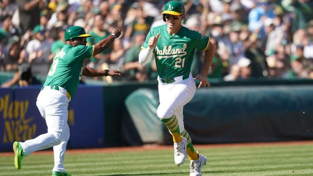 Sep 22, 2024; Oakland, California, USA; Oakland Athletics first baseman Tyler Soderstrom (21) scores a run against the New York Yankees in the sixth inning at the Oakland-Alameda County Coliseum.