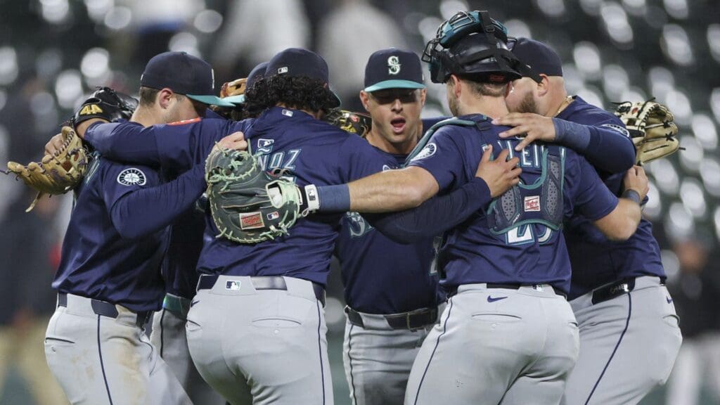 May 19, 2025; Chicago, Illinois, USA; Seattle Mariners players celebrate team's win against the Chicago White Sox in a baseball game at Rate Field.