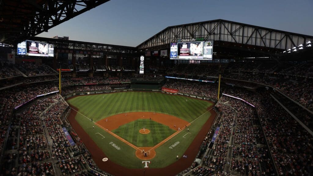 May 30, 2025; Arlington, Texas, USA; A general view of the ballpark with the roof open during the game between the Texas Rangers and the St. Louis Cardinals at Globe Life Field.