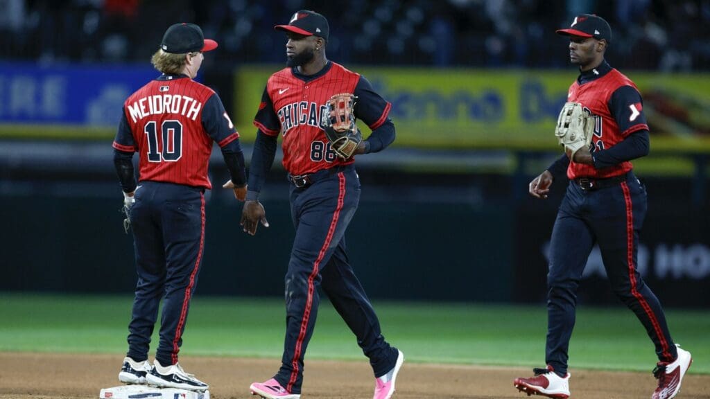 May 23, 2025; Chicago, Illinois, USA; Chicago White Sox players celebrate after defeating the Texas Rangers in a baseball game at Rate Field.