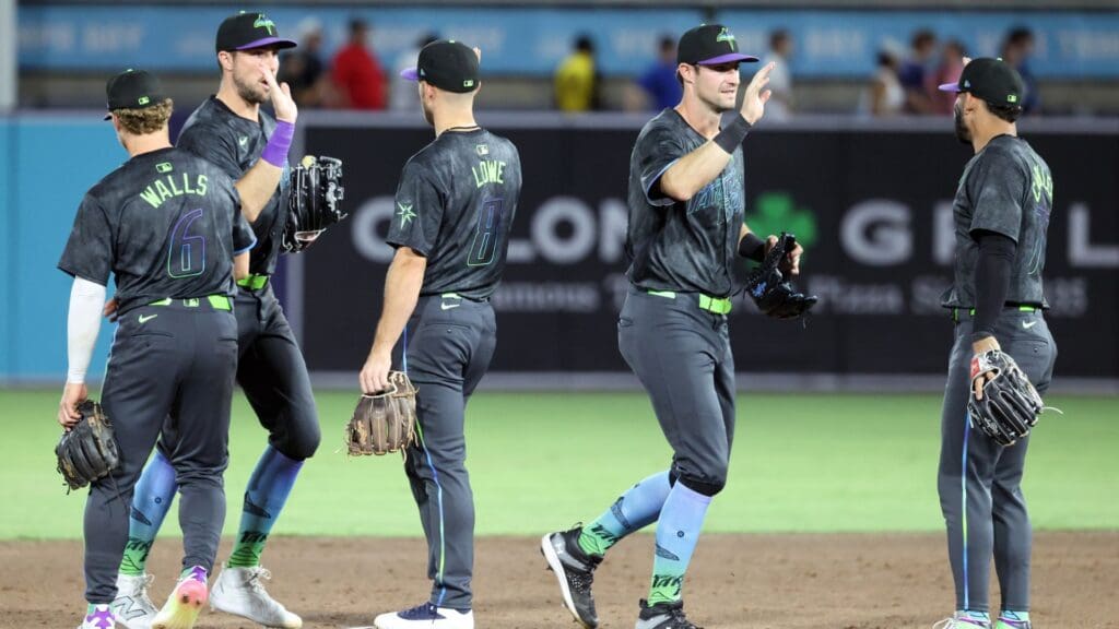 May 23, 2025; St. Petersburg, Florida, USA; Tampa Bay Rays celebrate after they beat the Toronto Blue Jays at George M. Steinbrenner Field