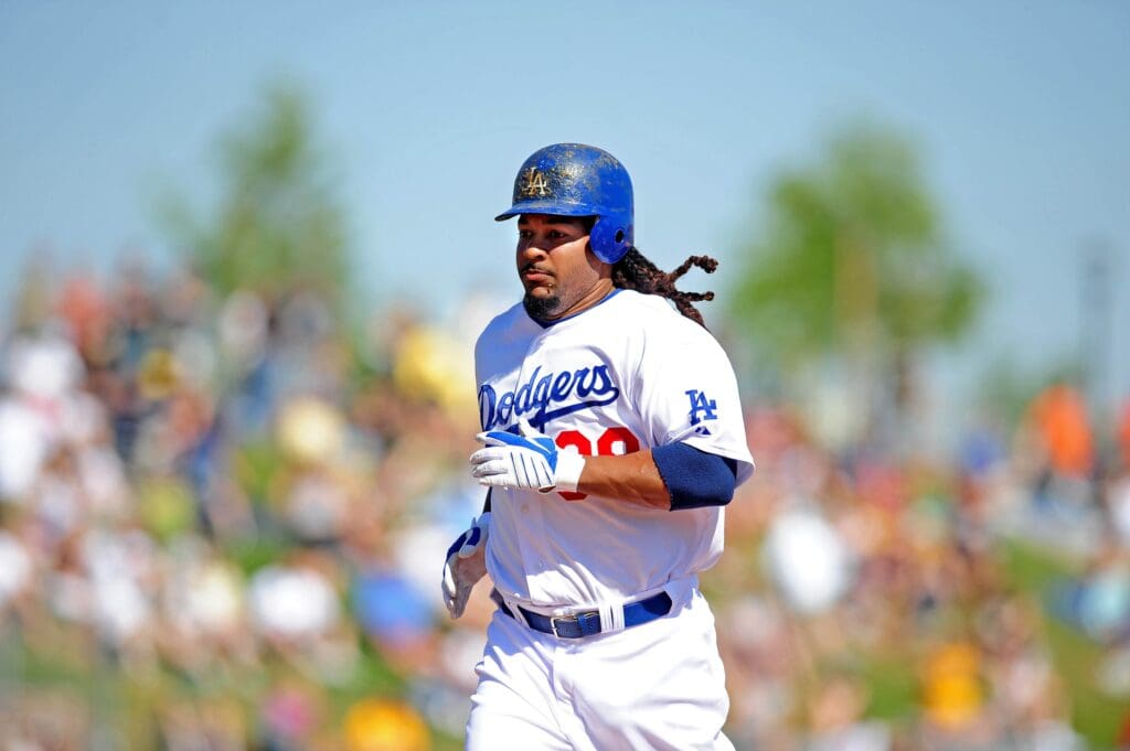 Mar. 13, 2009; Glendale, AZ, USA; Los Angeles Dodgers outfielder Manny Ramirez against the Texas Rangers at The Ballpark at Camelback Ranch.