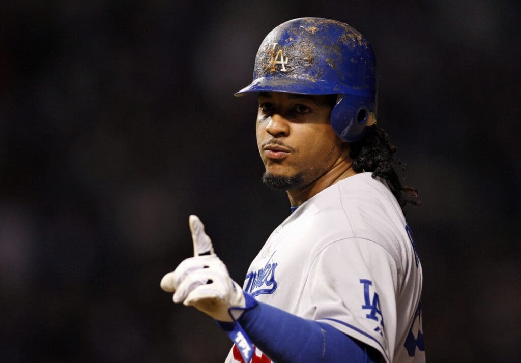 Oct 2, 2008; Chicago, IL, USA; Los Angeles Dodgers left fielder Manny Ramirez (99) stands on first base during the seventh inning in game two of the NLDS against the Chicago Cubs at Wrigley Field.