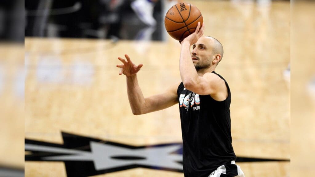 Apr 19, 2018; San Antonio, TX, USA; San Antonio Spurs shooting guard Manu Ginobili (20) warms up prior to game three of the first round of the 2018 NBA Playoffs against the Golden State Warriors at AT&T Center.