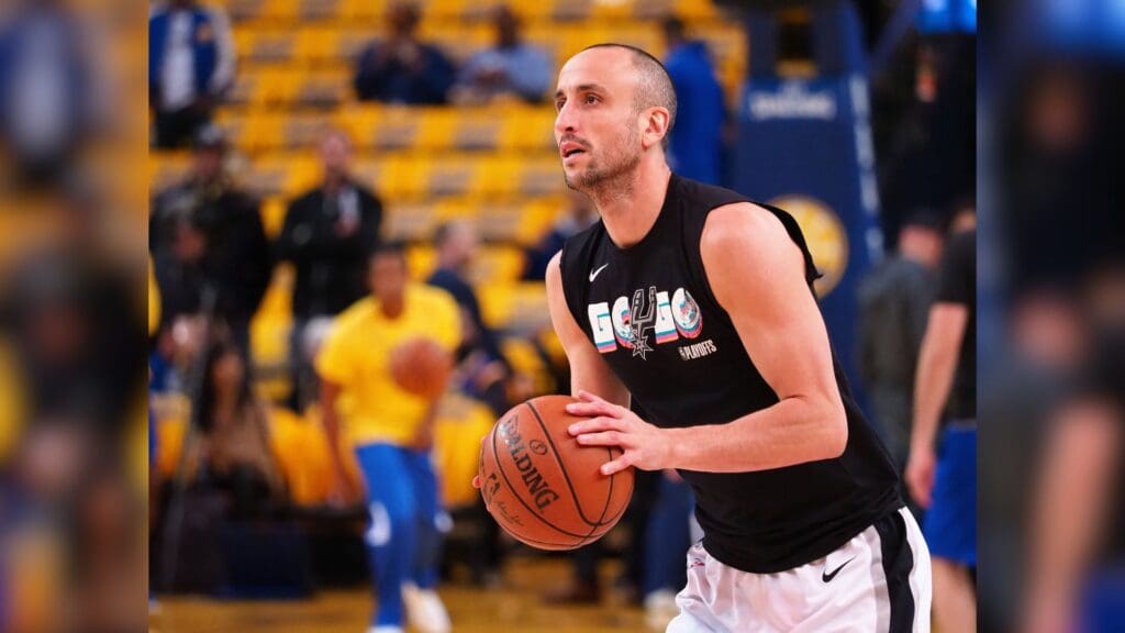 Apr 16, 2018; Oakland, CA, USA; San Antonio Spurs guard Manu Ginobili (20) warms up before game two of the first round of the 2018 NBA Playoffs against the Golden State Warriors at Oracle Arena.