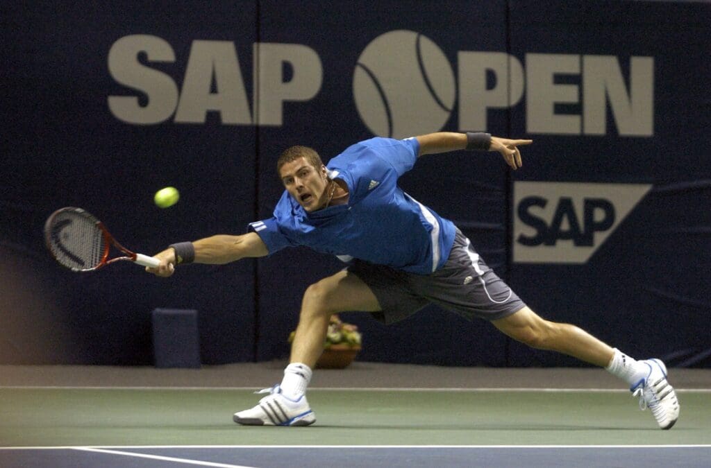 Feb 13, 2007; San Jose, CA, USA; Marat Safin (RUS) returns a shot to Scott Oudsema (USA), not pictured, in the 1st round play during the SAP Open men's tennis tournament at HP Pavilion in San Jose, CA. Safin defeated Oudsema 6-4, 7-6.