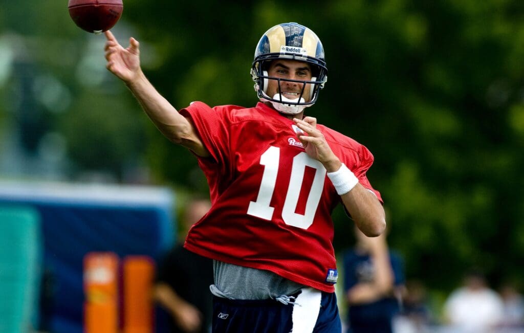 July 31, 2009; St. Louis, MO, USA; St. Louis Rams quarterback Marc Bulger (10) passes during training camp at Russell Training Center. 