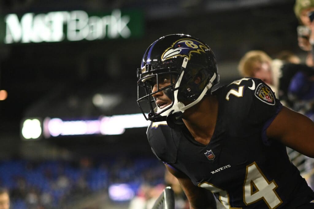 Oct 9, 2022; Baltimore, Maryland, USA; Baltimore Ravens cornerback Marcus Peters (24) enter the field before the game against the Cincinnati Bengalsat M&T Bank Stadium.